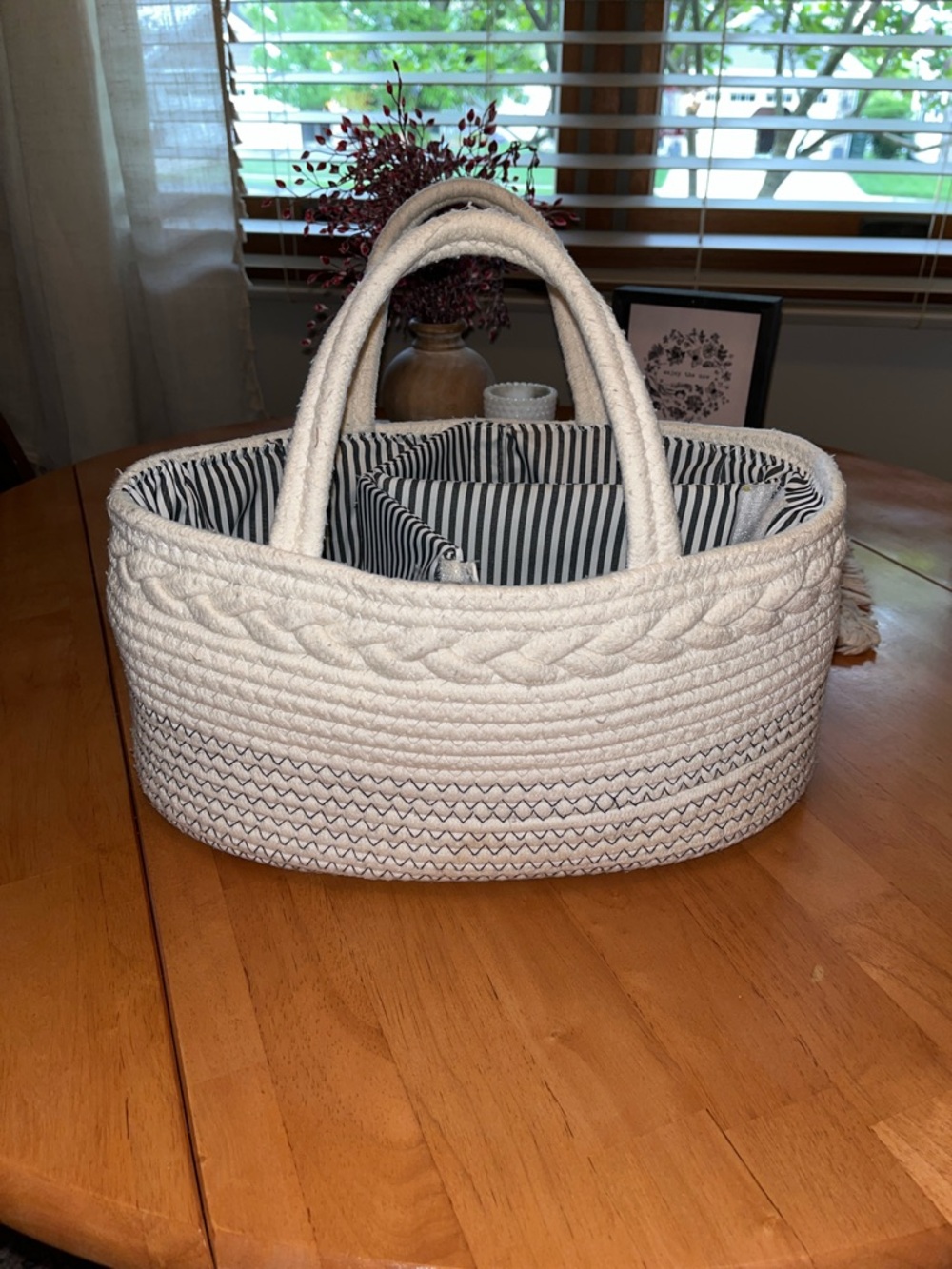 🧺 Striped Lined Rope Basket Tote - Cream with Navy Stripe